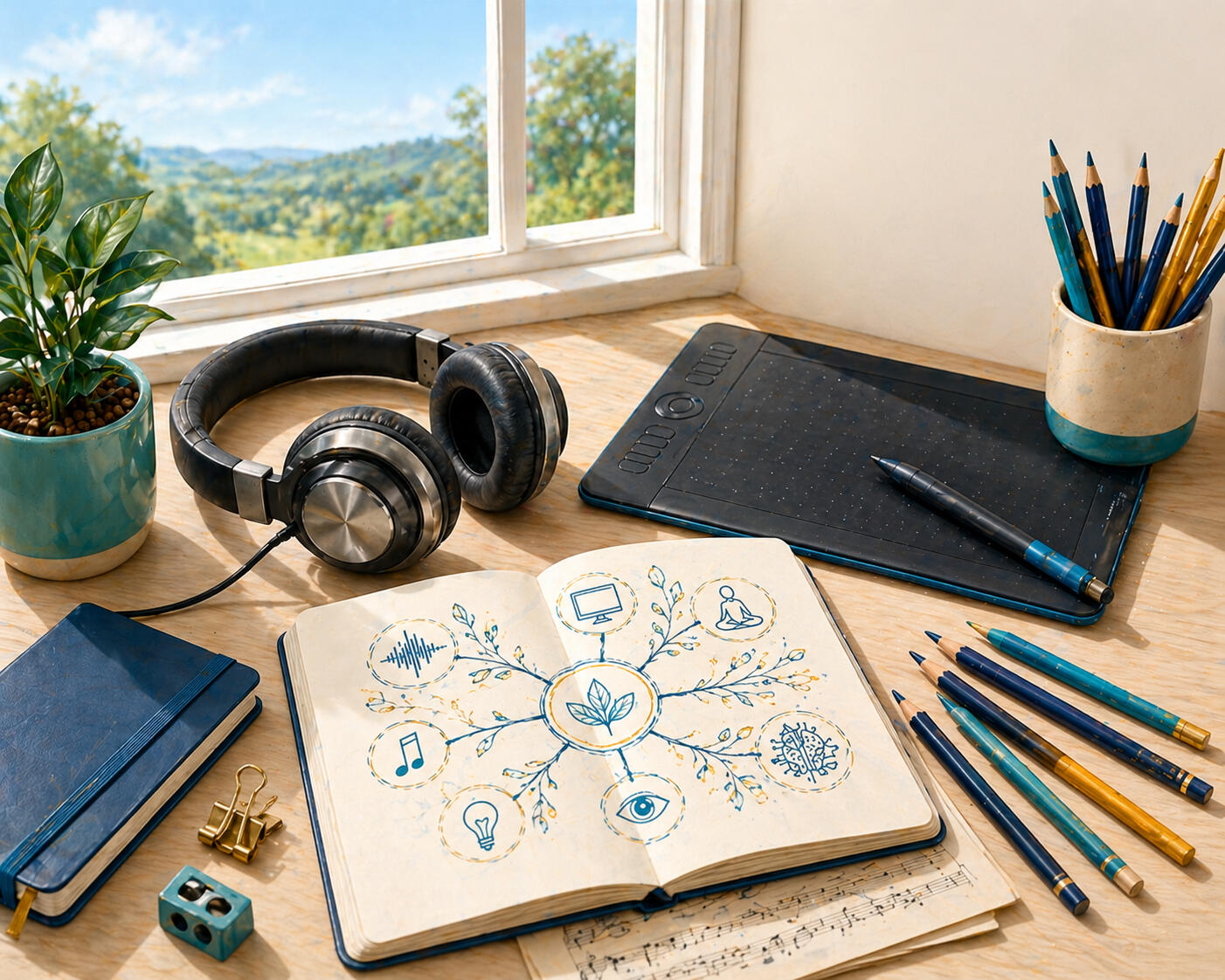 meditating figure with tree and headphones logo